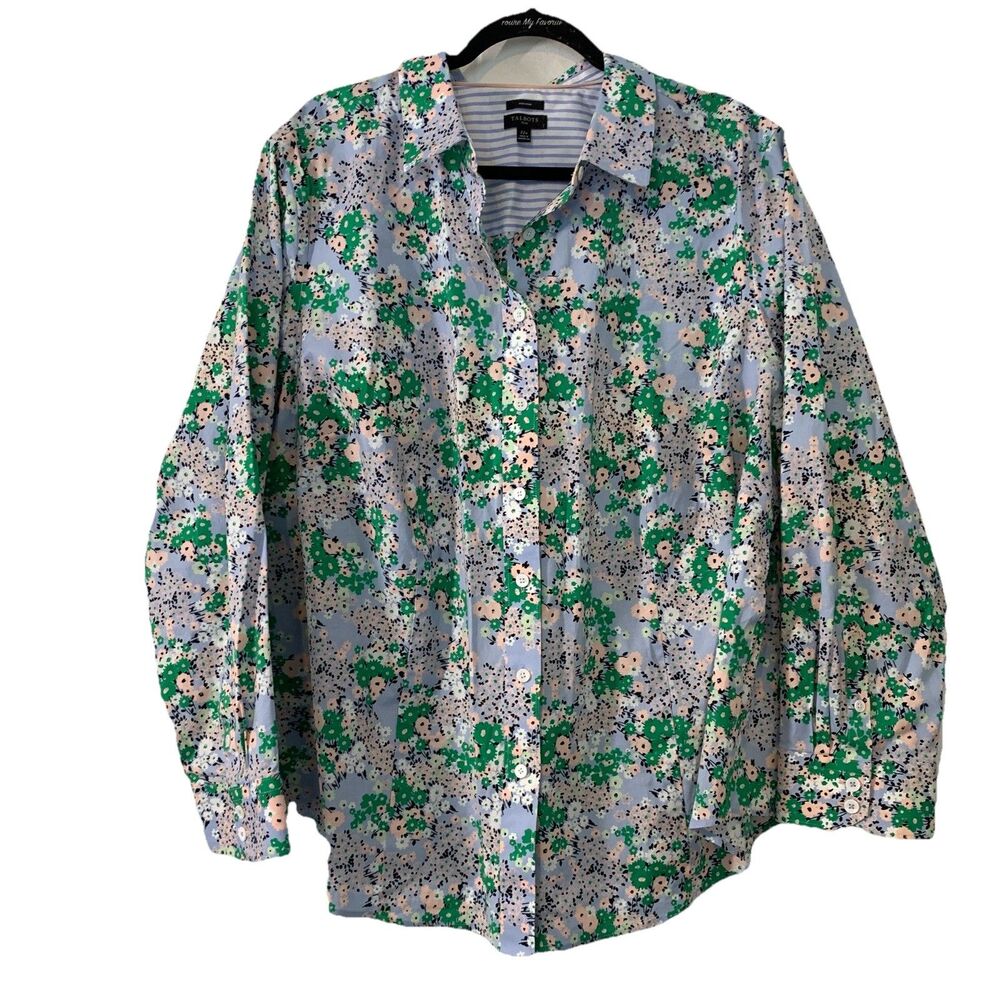 Talbots Womens 22W Shirt Button Up Long Sleeve Floral Blue Pastel Non Iron